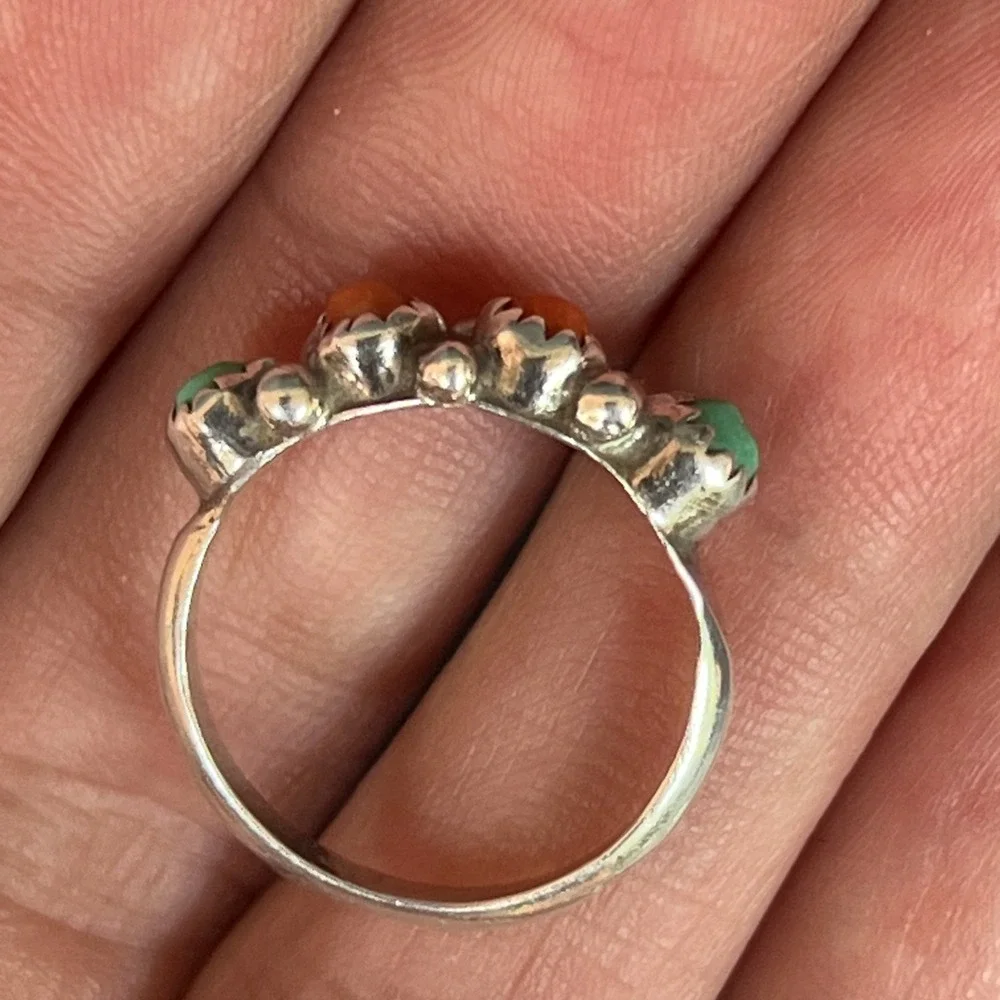 VTG Native American Sterling Silver Turquoise Coral Band Ring Sz 6.25 Handmade